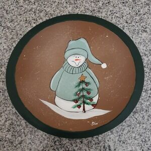 Hand Painted Woof Oval Bowl Folk‎ Art Christmas Snowman Decor Holiday Home Decor
